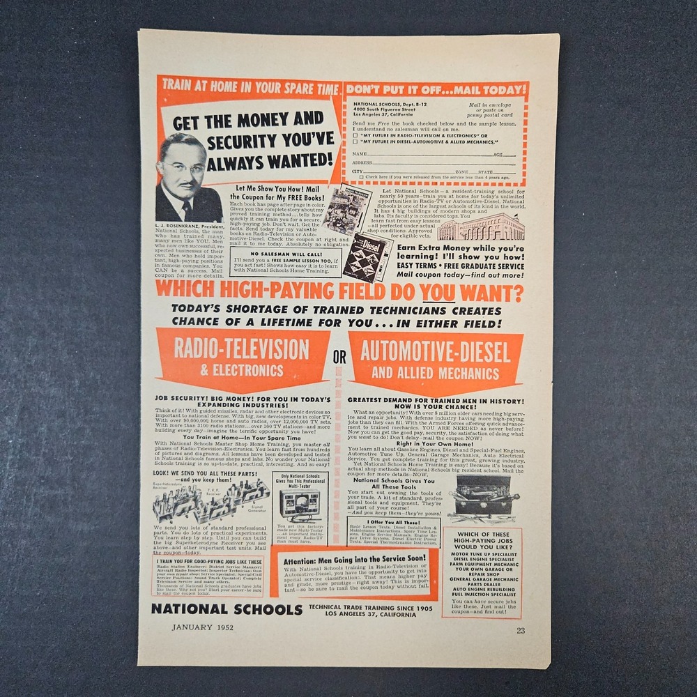 1952 National Schools Radio-Television Automotive-Diesel Repair Vintage Print Ad